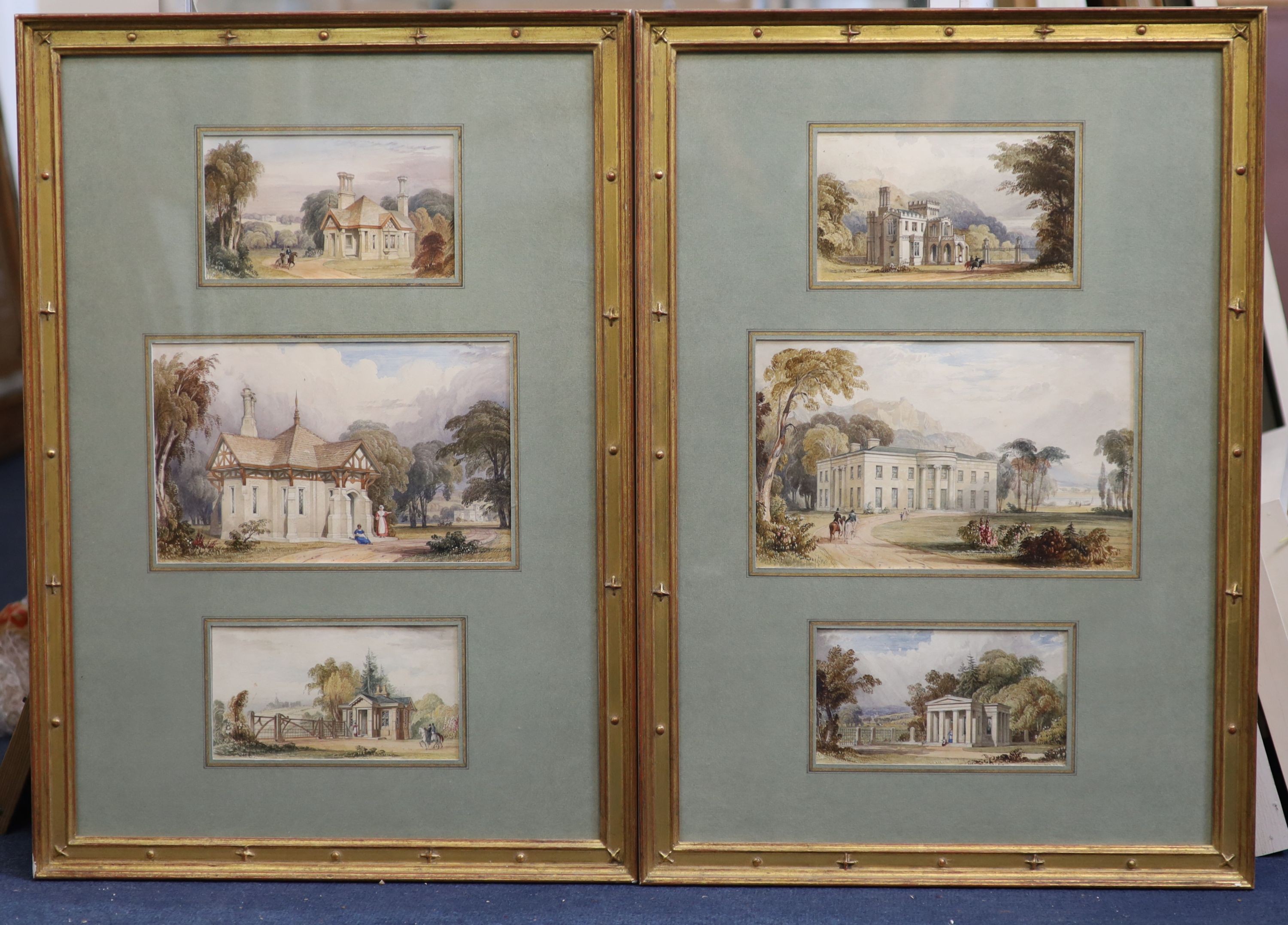 Francis Goodwin (1784-1835), Designs for Greek Revival and Rustic Country Houses, six watercolour drawings on paper, 16 x 26cm and 10 x 18cm in two frames